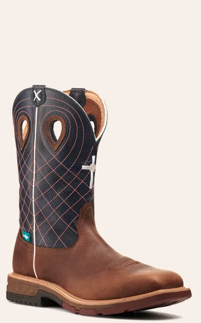 TWISTED X MEN'S MOCHA BROWN AND NAVY BLUE WITH CROSS EMBROIDERY WATERPROOF WIDE SQUARE ALLOY TOE WORK BOOT