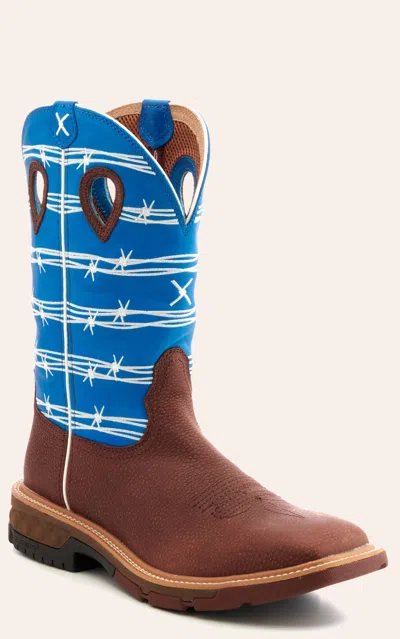 Twisted X Men's Rust Brown And Sky Blue With Barbwire Embroidery Cellstretch Square Alloy Toe Work Cowboy Boot