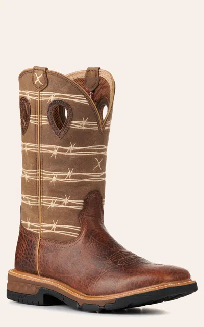 Twisted X Men's Rustic Brown And Tan Barbed Wire Cellstretch Square Toe Work Boots In Multi