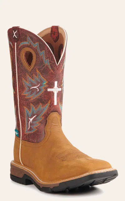 Twisted X Men's Tan And Burgundy Waterproof Cellstretch Wide Square Toe Work Boots In Brown