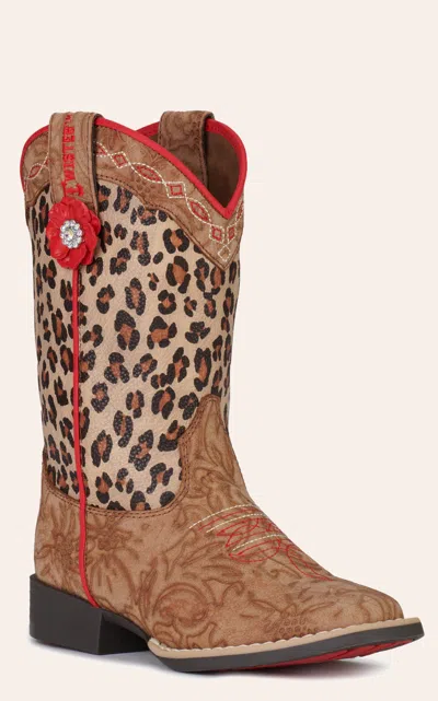Twister Girls' Avery Tan Floral And Leopard Print Square Toe Cowboy Boots In Brown