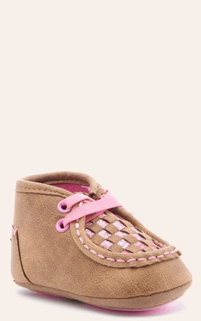 Twister Infant Lauren Baby Bucker Brown And Pink Glitter Woven Moc Shoes
