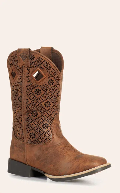 Twister Kid's Prue Caramel Perforated Floral Square Toe Boots In Brown