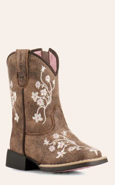 Twister Babies' Toddler Lily Brown With White Floral Embroidery Square Toe Cowboy Boots