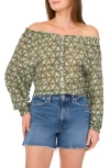 Two By Vince Camuto Floral Off The Shoulder Button-up Shirt In Dark Green