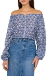 Two By Vince Camuto Floral Off The Shoulder Button-up Shirt In Lake Breeze