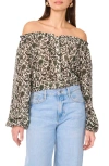 Two By Vince Camuto Floral Off The Shoulder Button-up Top In Dark Green