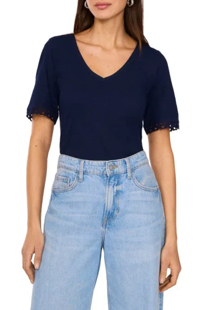 Two By Vince Camuto Lace Trim V-neck Cotton T-shirt In Classic Navy