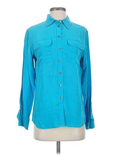 Pre-owned Two By Vince Camuto Long Sleeve Silk Top Teal Color Block Pattern Collared Neckline Tops In Blue