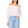 Two By Vince Camuto Off The Shoulder Long Sleeve Button-up Top In Ultra White