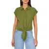 Two By Vince Camuto Tie Hem Cotton Button-up Shirt In Dark Green