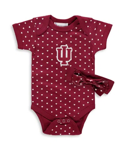 Two Feet Ahead Baby Boys And Girls Crimson Indiana Hoosiers Hearts Bodysuit And Headband Set In Red
