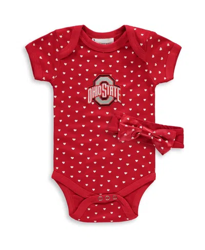 Two Feet Ahead Baby Girls 2-piece Scarlet Ohio State Buckeyes Hearts Bodysuit And Headband Set In Red