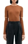 Two Lines By Marcella Stockholm Slit Sleeve Rib Top In Cinnamon Brown