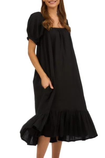 Two's Company Puff Sleeve Airy Cotton Dress In Black