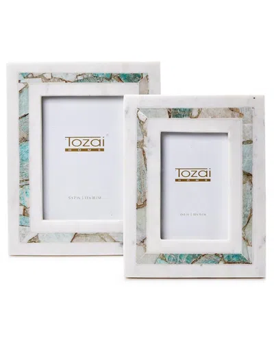 Two's Company Amazonite Inlay Set Of 2 White Marble Photo Frames In Green