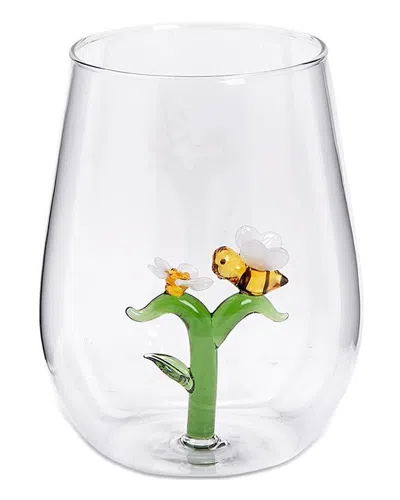 Two's Company Bee And Flower Stemless Wine Glass In Green