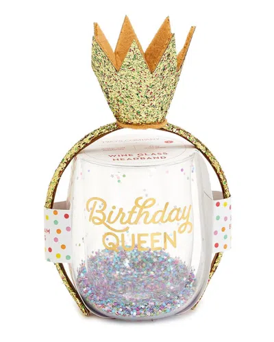 Two's Company Birthday Queen Stemless Wine Glass And Glitter Crown Headband In Multicolor