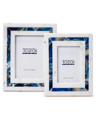 Two's Company Blue Agate Inlay Set Of 2 White Marble Photo Frames