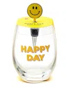 TWO'S COMPANY TWO'S COMPANY HAPPY DAY STEMLESS WINE GLASS WITH SMILE FACE WINE STOPPER