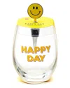 Two's Company Happy Day Stemless Wine Glass With Smile Face Wine Stopper In Yellow