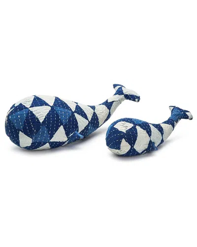 Two's Company Set Of 2 Kantha Whales In Blue