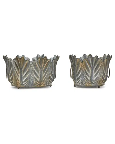Two's Company Set Of 2 Zinc Garden Leaf Planters In Gray