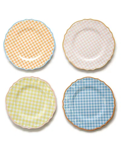 Two's Company Set Of 4 Gingham Garden Melamine Dinner Plates In Pink