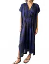 Two Sheer Plaid Rouche Caftan Dress In Black/electric Blue In Multi