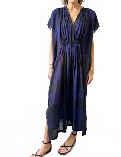 Two Sheer Plaid Rouche Caftan Dress In Black/electric Blue In Multi