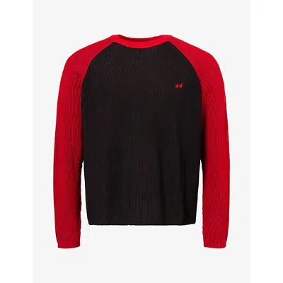 Twojeys Mens Colour-block Rib-knit Cotton-blend Jumper Black