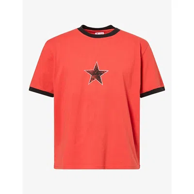 Twojeys Mens Red Single Star Two-tone Graphic Cotton-jersey T-shirt