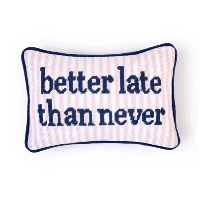 Two's Company Better Late Than Never Needlepoint Throw Pillow 12 X 8 Inch Cotton Polyester In Blue