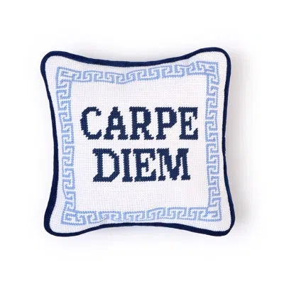 Two's Company Carpe Diem Needlepoint Throw Pillow 8 X 8 Inch Cotton Polyester In Blue