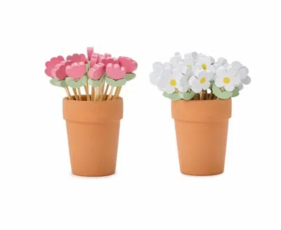 Two's Company Garden Blooms Cocktail Picks In A Pot In Brown In Multi