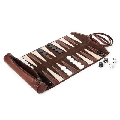 Two's Company Handcrafted Leather Roll Backgammon Board 9"w- Portable Travel Gaming Accessories In Brown