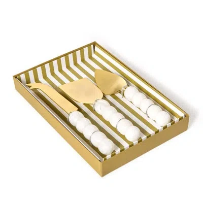 Two's Company Modern Pop White Beaded Set Of 3 Stylish Cheese Knives Gift In Gold