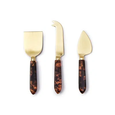 Two's Company Set Of 3 Tortoise Swirl Cheese Knives With Stainless Steel Blades In Brown