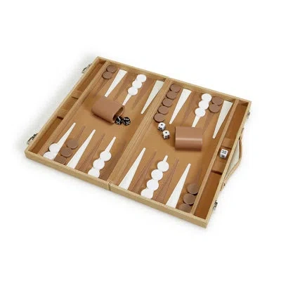 Two's Company Terra Cane 15-inch Backgammon Set With Faux Leather Board & Accessories In Brown