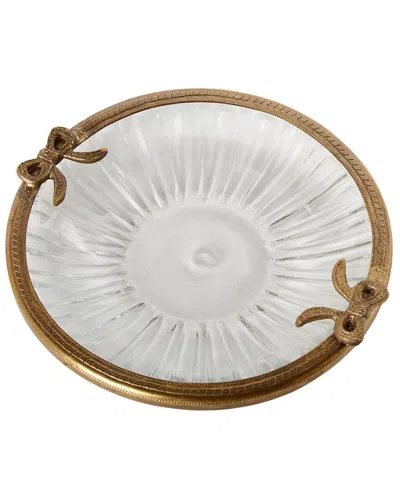 Two's Company Antique Finish Round Glass Trinket Tray With Bow Accent In Brown