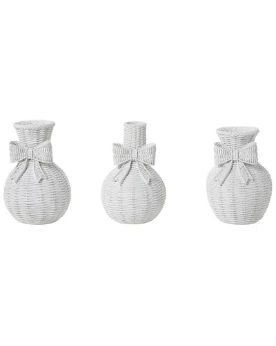 Two's Company Bowed Beauties Set Of 3 Basket Weave Pattern Vases In White