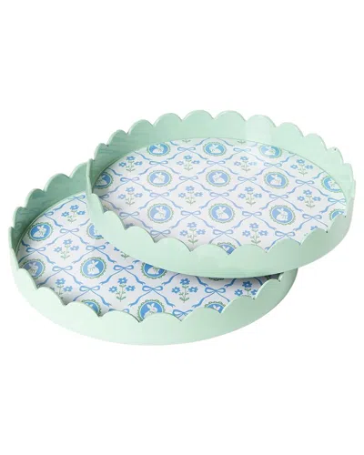 Two's Company Bunnies & Bows Set Of 2 Round Scalloped Edge Decorative Trays In Blue