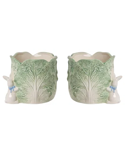 Two's Company Cabbage & Bunny Set Of 2 Cachepots / Planters In Green