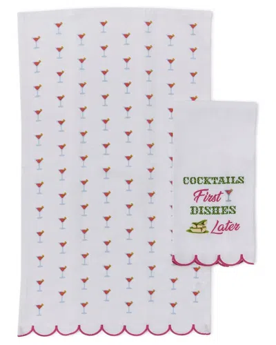 Two's Company Cocktails First Set Of 2 Dish Towels In White