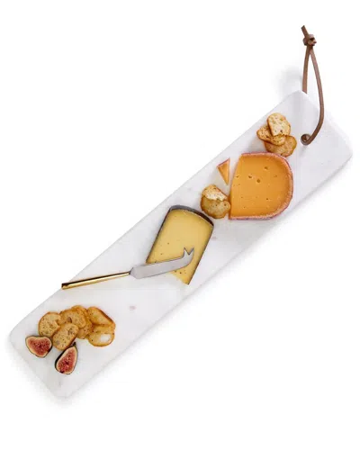 Two's Company Elongated Solid Marble Serving Tray With Cheese Knife In White