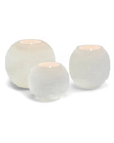 Two's Company Glaciers Set Of 3 Selenite Crystal Sphere Candleholders In White