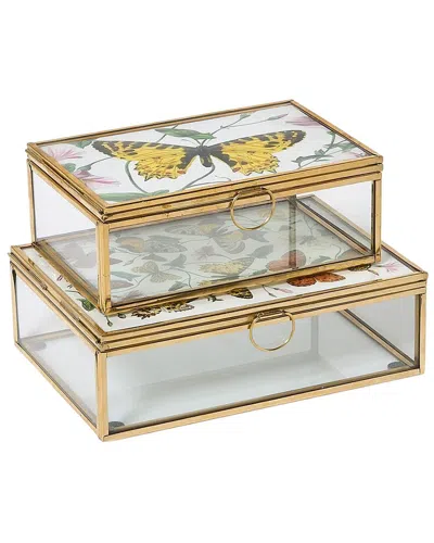 Two's Company Hand-crafted Set Of 2 Glass & Brass Photo Boxes In Multi