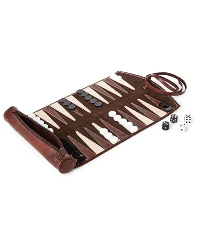Two's Company Roll-up Portable Genuine Leather Backgammon Game Set In Brown