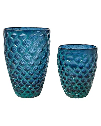 Two's Company Set Of 2 Antiqued Vases In Blue