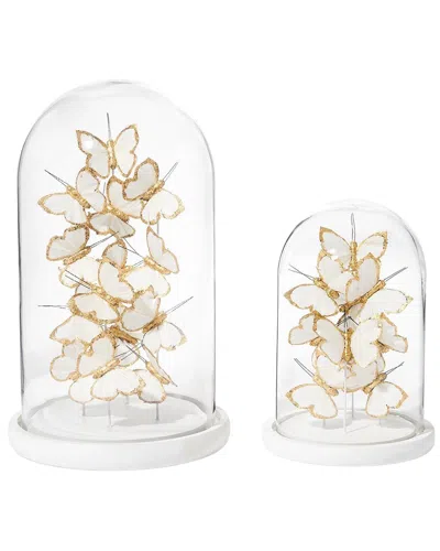 Two's Company Set Of 2 Butterflies In Dome In White
